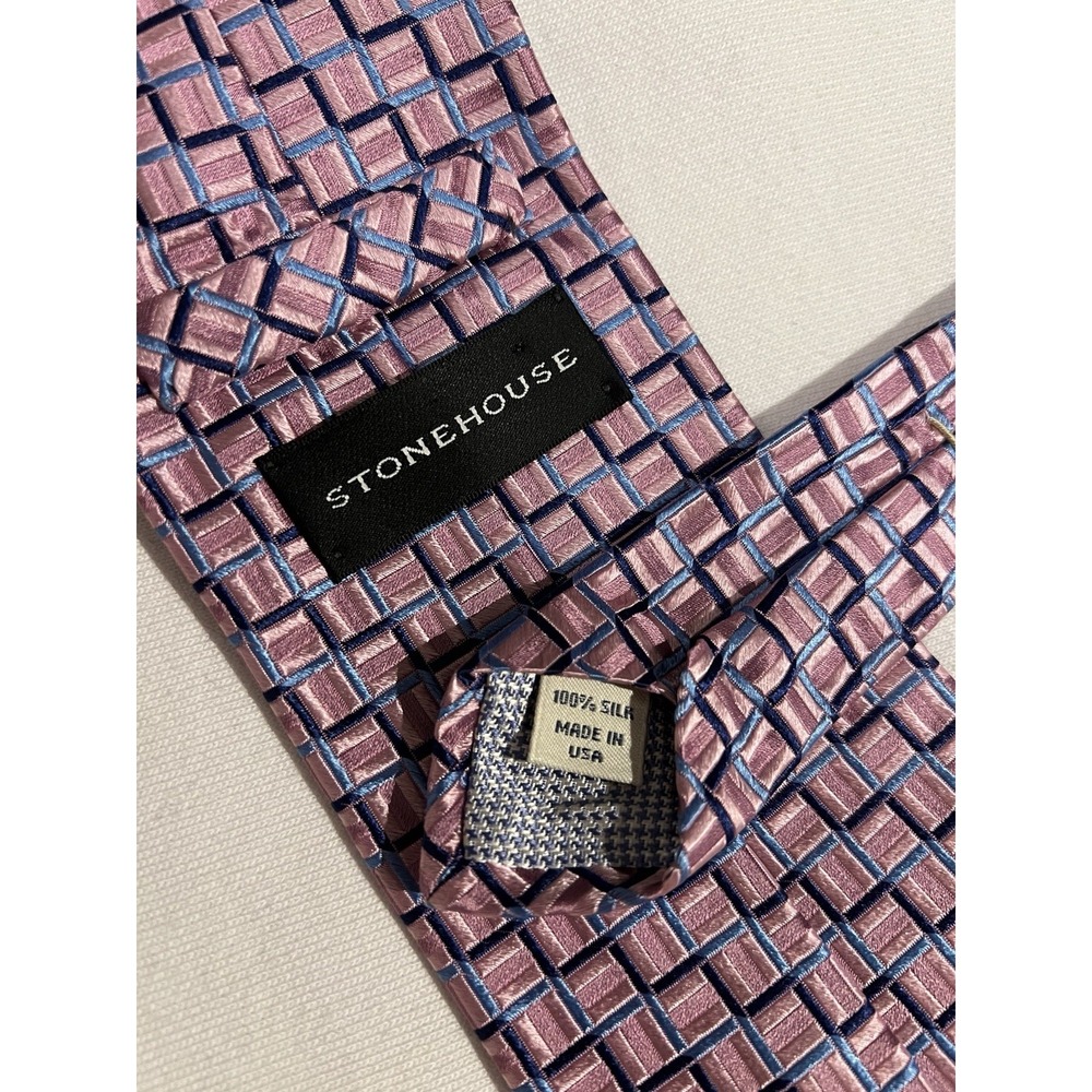 Stonehouse	Pink Blue Geometric Woven Jacquard	100% Silk	Tie Necktie Made In USA